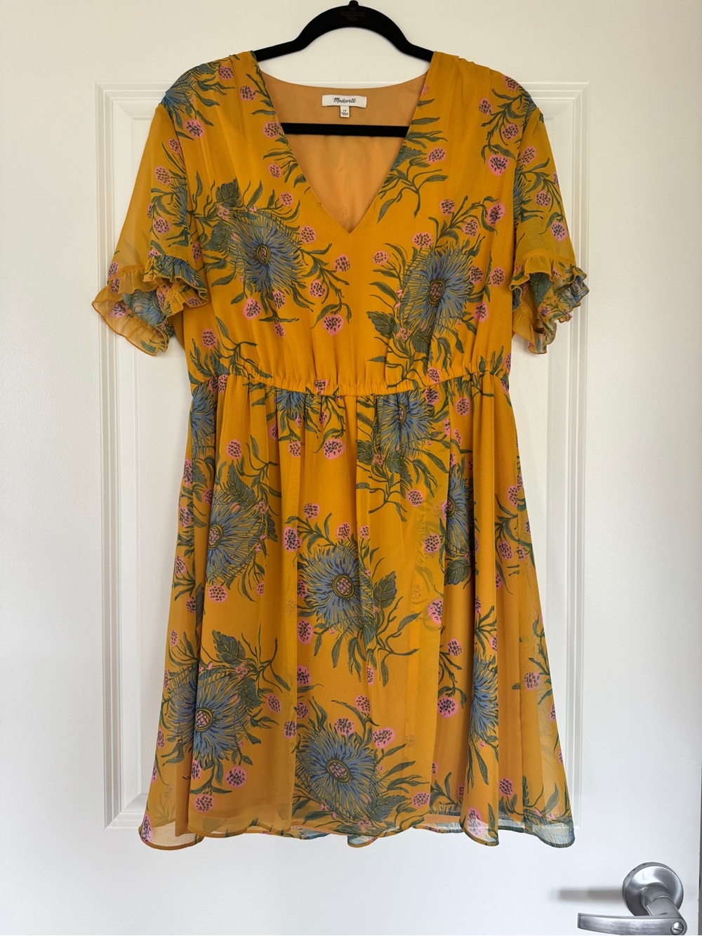 MADEWELL Sweetgrass Flutter-Sleeve Dress in Painted Blooms Van Greek Gold 14 EUC